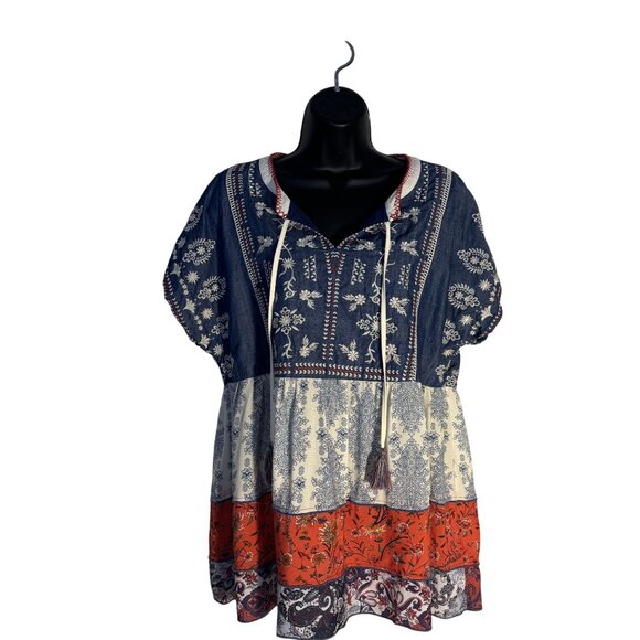 John Mark Boho Tunic Dress Large Blue White Red Floral Embroidered Tassels - Picture 1 of 9